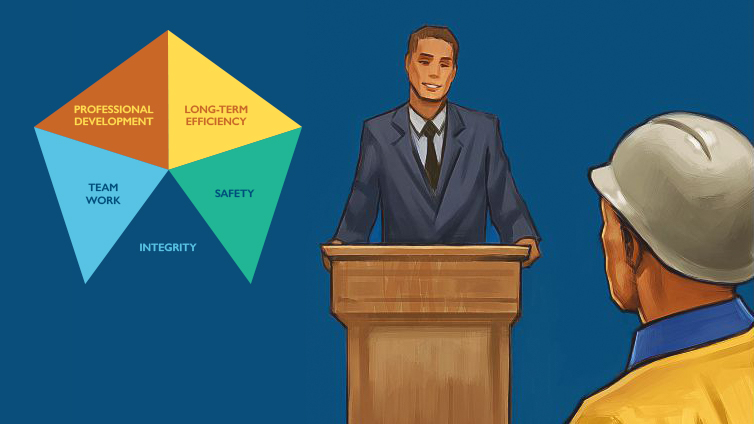 A multicolored pentagon featuring each of the five values. On the right hand side, a man in a suit speaking at a podium. A worker is seen watching on in a hardhat. 